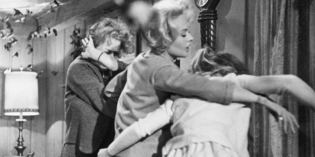 From left: Lydia Brenner (Jessica Tandy), Melanie Daniels (Tippi Hedren) and Cathy Brenner (Veronica Cartwright) fight off a bird attack in Alfred Hitchcock's, ‘The Birds.’
