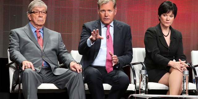 (L-R) Hosts Lt. Joe Kenda, Chris Hansen and Candice DeLong speak onstage during the 'A New Season of ID' panel discussion at the Investgation Discovery portion of the 2015 Summer TCA Tour at The Beverly Hilton Hotel on July 30, 2015 in Beverly Hills, California.