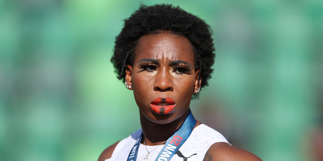 EUGENE, OREGON - JUNE 26: Gwendolyn Berry celebrates finishing third in the Women's Hammer Throw final on day nine of the 2020 U.S. Olympic Track & Field Team Trials at Hayward Field on June 26, 2021 in Eugene, Oregon. (Photo by Patrick Smith/Getty Images)