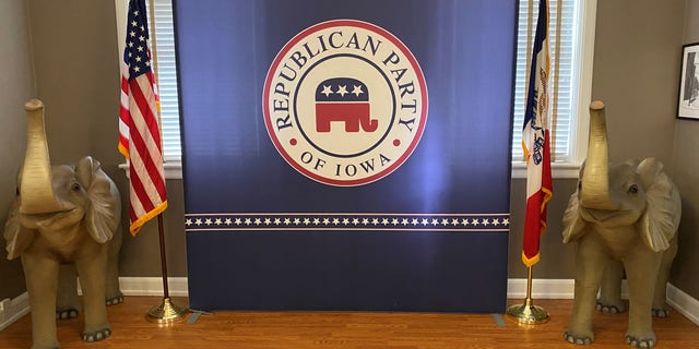 A display in a conference room at the Iowa GOP's headquarters, in Des Moines, Iowa on July 15. 2021.