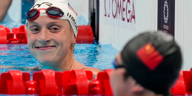 Katie Ledecky of the United States reacts after swimming in a wave in the women's 1,500-meter freestyle at the 2020 Summer Olympics on Monday, July 26, 2021, in Tokyo.  (Associated press)