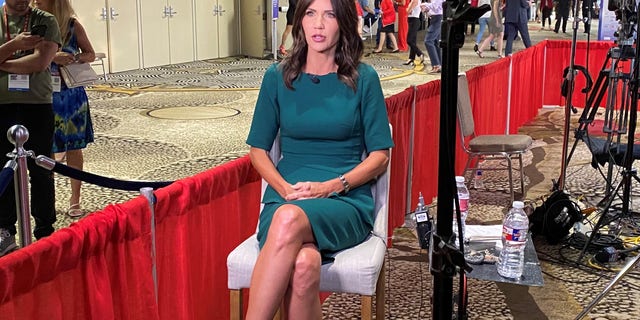 Republican Gov. Kristi Noem of South Dakota sits down for an interview with Fox News at CPAC Dallas, on July 11, 2021 in Dallas, Texas.