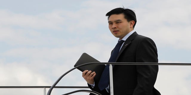 Lanhee Chen, former policy director for Republican presidential candidate Mitt Romney, deplanes in Gdansk, Poland, in 2012. (AP)