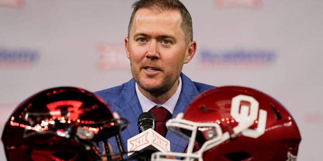 Oklahoma head football coach Lincoln Riley speaks from the stage during NCAA college football Big 12 media days Wednesday, July 14, 2021, in Arlington, Texas. (AP Photo/LM Otero)