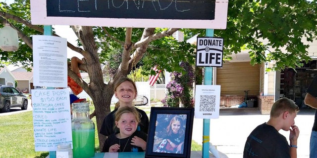 Sisters Myleigh Madsen, 9, and Makayla Madsen, 7, build a lemonade stand to raise awareness for organ donations to honor their late sister Makenzie. 