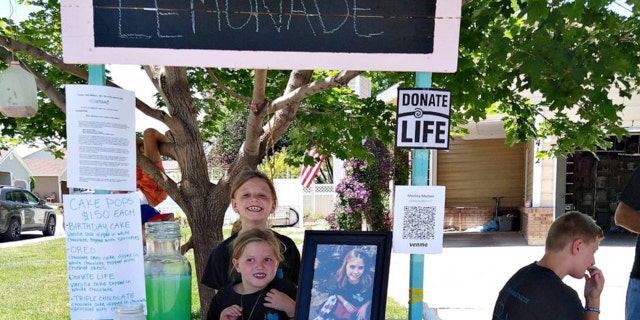 Sisters Myleigh Madsen, 9, and Makayla Madsen, 7, build a lemonade stand to raise awareness for organ donations to honor their late sister Makenzie. 