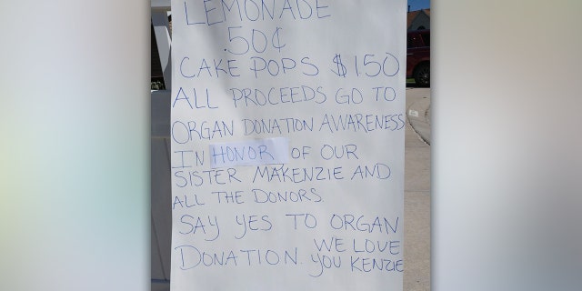 Growing up, Makenzie loved to bake and sell sweet treats like snow cones outside her family’s home, Monica said. Proceeds from the lemonade stand will go to DonorConnect, an organization that coordinates and registers donor registries.