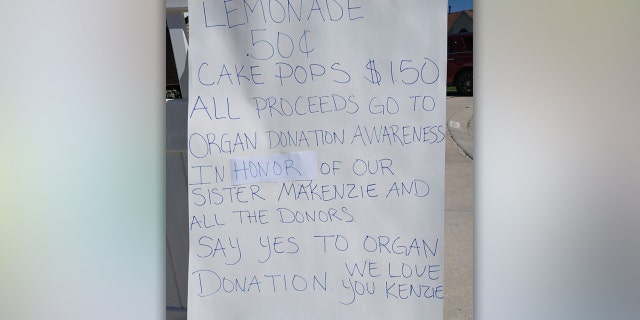 Growing up, Makenzie loved to bake and sell sweet treats like snow cones outside her family’s home, Monica said. Proceeds from the lemonade stand will go to DonorConnect, an organization that coordinates and registers donor registries. 