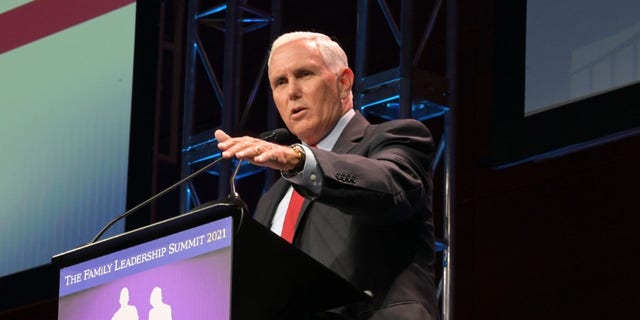 Former Vice President Mike Pence speaks at the Family Leader's annual leadership summit, in Des Moines, Iowa on July 16 2021.