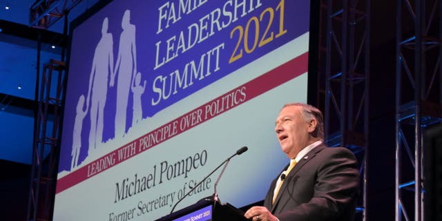 Former Secretary of State Mike Pompeo speaks at the Family Leadership Summit in Des Moines, Iowa, on July 16, 2021.