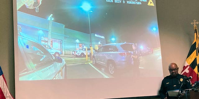 Montgomery County Police Chief Marcus Jones reviews an officer's body camera footage from a fatal police shooting on July 16 at a McDonald’s in Gaithersburg, Md., during a news conference in Gaithersburg, Tuesday, July 27, 2021.