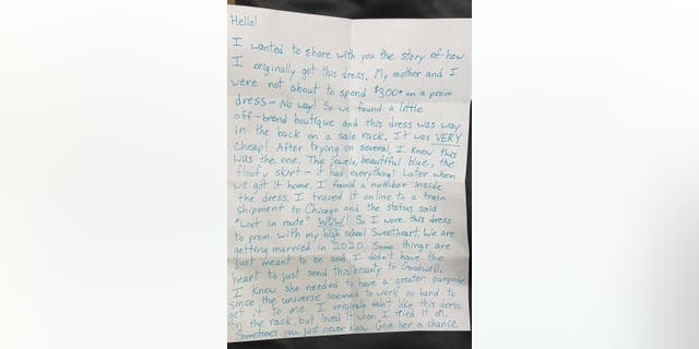Jillian Nimick provided Fox News a photo of the letter she found attached to a teal prom dress, which was donated to her store Nimi Boutique. (Jillian Nimick)