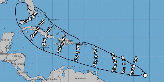 Graphic of earliest reasonable arrival time of tropical-storm-force winds. (National Hurricane Center).