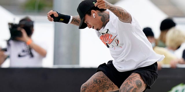 In this May 22, 2021, photo, Nyjah Huston, of the United States, practices during an Olympic qualifying skateboard event at Lauridsen Skatepark in Des Moines, Iowa. (AP Photo/Charlie Neibergall)