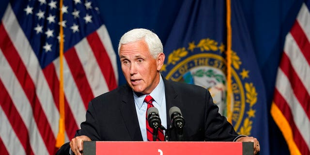 Former Vice President Mike Pence speaks at the annual Hillsborough County NH GOP Lincoln-Reagan Dinner, Thursday, June 3, 2021, in Manchester, NH (AP Photo / Elise Amendola)