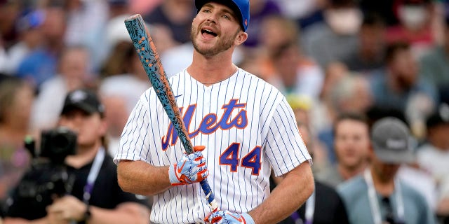 The National League's Pete Alonso, of the New York Mets, hits during the first round of the MLB All Star baseball Home Run Derby, Monday, July 12, 2021, in Denver.