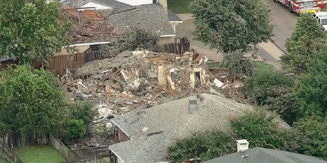 An aerial view of a destroyed Plano, Texas home where an explosion occurred Monday.