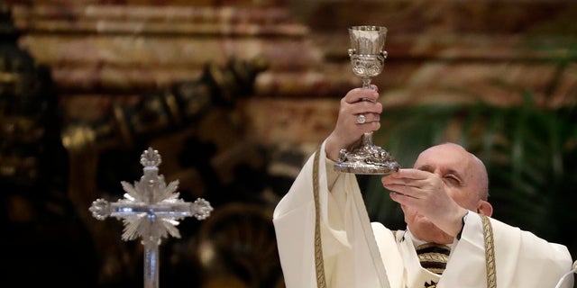 In this, Thursday, April 1, 2021 file photo, Pope Francis celebrates a Chrism Mass inside St. Peter's Basilica, at the Vatican. (AP)