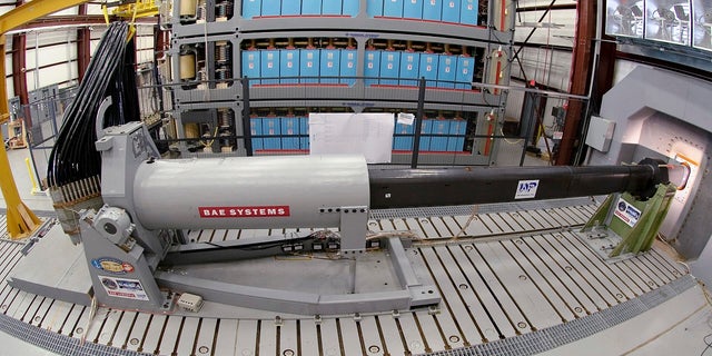 An electromagnetic railgun prototype launcher at the Naval Surface Warfare Center, Dahlgren Division test facility in Dahlgren, Va., in 2012. (AP/U.S. Navy)