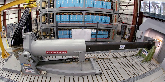 An electromagnetic railgun prototype launcher at the Naval Surface Warfare Center, Dahlgren Division test facility in Dahlgren, Va., in 2012. (AP/U.S. Navy)