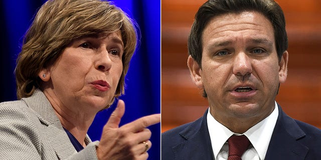 American Federation of Teachers President Randi Weingarten opposite of Florida Gov. Ron DeSantis who she criticized for his pushback against the College Board's allegedly ‘woke’ AP African American Studies course.
