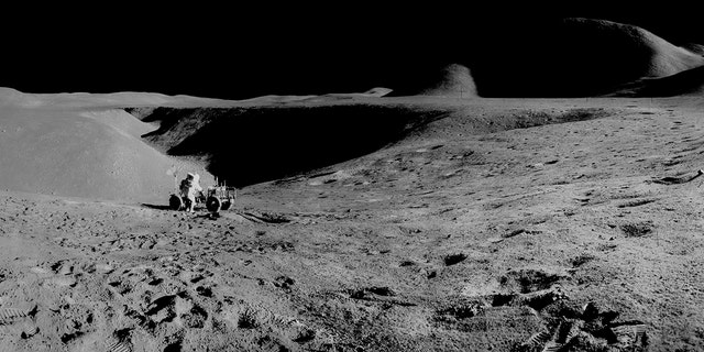 A panorama view of the first use of the Lunar Roving Vehicle (LRV) on the moon and the 14,000-foot Mount Hadley