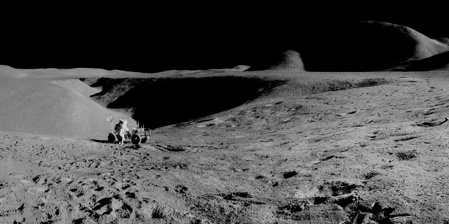 A panorama view of the first use of the Lunar Roving Vehicle (LRV) on the moon and the 14,000-foot Mount Hadley