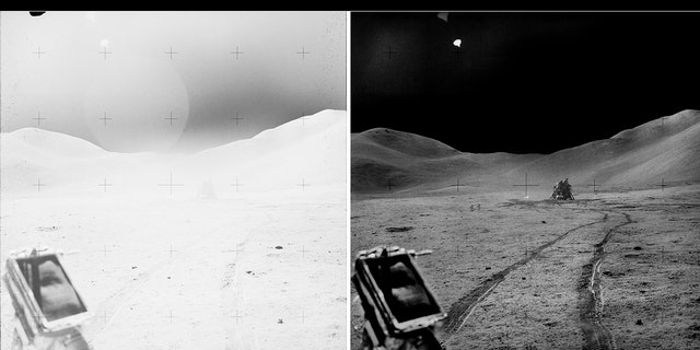 A "before and after" shot taken from the Lunar Roving Vehicle (LRV) showing the lunar module "Falcon"