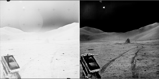 A "before and after" shot taken from the Lunar Roving Vehicle (LRV) showing the lunar module "Falcon"