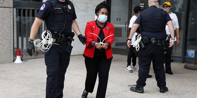 U.S. Representative Sheila Jackson Lee, D-Texas, is arrested by a member of the United States Capitol Police as she participates in civil disobedience during a protest outside the Hart Senate Office building on Capitol Hill, July 29, 2021 (Getty Images)