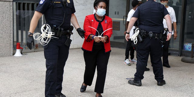 La representante estadounidense Sheila Jackson Lee, demócrata de Texas, es arrestada por un miembro de la policía del Capitolio de los Estados Unidos por participar en desobediencia civil durante una protesta frente al edificio de oficinas del Senado Hart en el Capitolio, 29 de julio de 2021 (Getty Images)