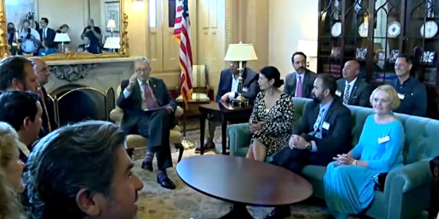 Suo. Chuck Schumer, D-N.Y., meets with Democratic Texas lawmakers who fled the legislature to stop the passage of new voting laws. They are meeting at the Capitol on July 13, 2021.