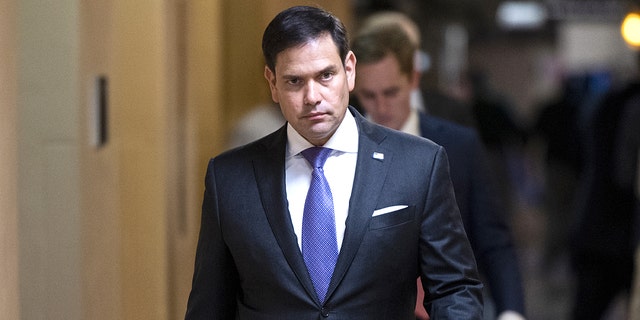 UNITED STATES - MAY 26: Sen. Marco Rubio, R-Fla., walks to the Senate subway after a vote in the U.S. Capitol on Wednesday, May 26, 2021. (Photo by Bill Clark/CQ-Roll Call, Inc via Getty Images)