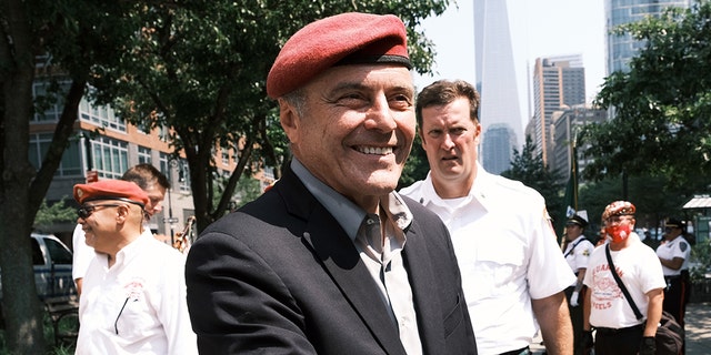 Republican New York City mayoral candidate Curtis Sliwa joins hundreds of police, firefighters, hospitals and other relief workers in a ticker parade along the Canyon of Heroes to honor essential workers who helped navigate in New York through Covid-19 on July 07, 2021 in New York. 