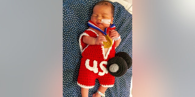 Nurses crocheted outfits inspired by the big games including swimming, weightlifting, tennis, gymnastics and basketball. 