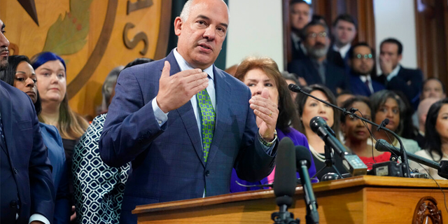 Texas Rep. Chris Turner, D-Arlington, speaks as the Democratic members of the Texas House gather after a recess in the opening day of a special session in Austin, Texas.