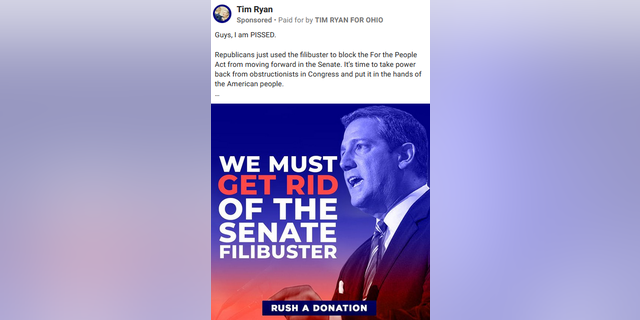Democratic Senate nominee Tim Ryan from Ohio will post an ad on Facebook in support of repealing the legislation.