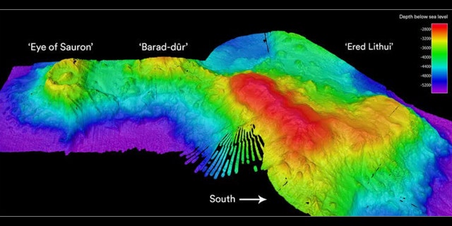 A sonar image of the "Eye of Sauron" volcano and seamounts "Barad-dûr" and "Ered Lithui"