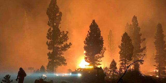 In this photo provided by the Bootleg Fire Incident Command, the Bootleg Fire burns at night in southern Oregon on Saturday, July 17, 2021. (Bootleg Fire Incident Command via AP)