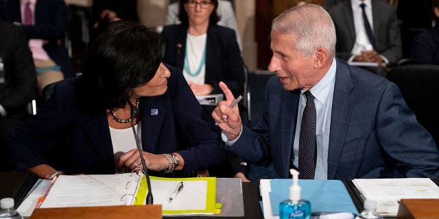 Dr. Anthony Fauci, director of the National Institute of Allergy and Infectious Diseases, speaks to Rochelle Walensky, Director of the Centers for Disease Control and Prevention, before the Senate Health, Education, Labor, and Pensions Committee hearing on Capitol Hill in Washington, on July 20, 2021. (Photo by Stefani Reynolds / POOL / AFP) (Photo by STEFANI REYNOLDS/POOL/AFP via Getty Images)