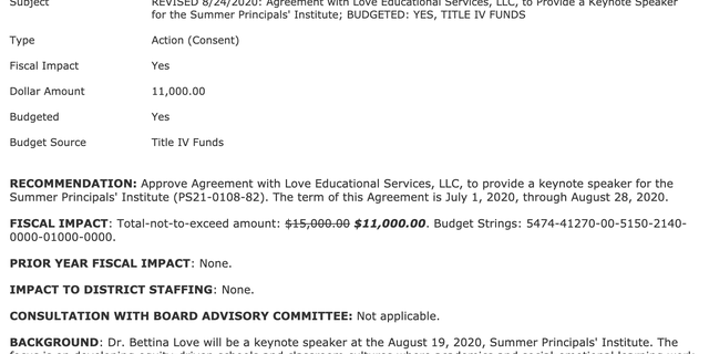 A screenshot of an agreement to pay Bettina Love $11,000 to give a keynote speech for the San Diego Unified School District's Summer Principal's Institute.