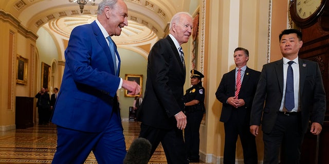 Central President Biden walks with Senate Majority Leader Chuck Schumer (DN.Y.) at the Capitol in Washington on July 14, 2021.