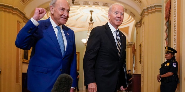 President Joe Biden walks with Senate Majority Leader Chuck Schumer, D-N.Y., at the Capitol in Washington, Woensdag, July 14th, 2021, as he arrives to discuss the latest progress on his infrastructure agenda.