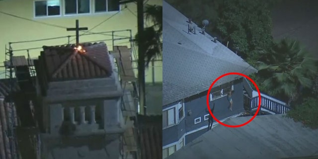 An unidentified man set fire to a cross atop St. Mary's Catholic Church in the Boyle Heights neighborhood of Los Angeles before jumping from rooftop to rooftop in an attempt to escape police.