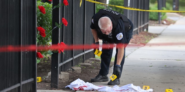 Chicago Police investigate a crime scene where three people were shot at the Wentworth Gardens housing complex in the Bridgeport neighborhood on June 23. The city reported 78 murders in August, a 22% jump compared to August 2020, the Chicago Police Department said Wednesday. (Photo by Scott Olson/Getty Images)