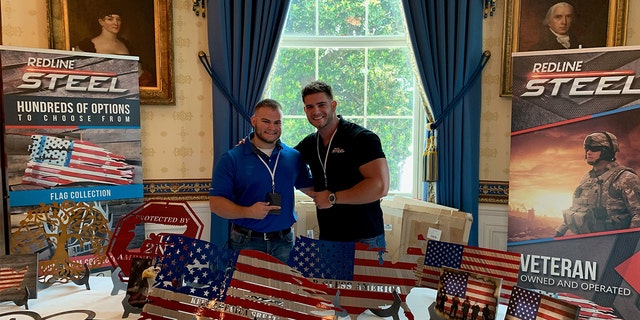 Colin Wayne, an Army combat veteran and CEO of Redline Steel in Alabama, on the right, with his brother, Coleman Erwin (L), an Army veteran. The picture was taken on July 15, 2019, at the White House when Redline Steel was invited to be part of the "Made in America" business showcase.