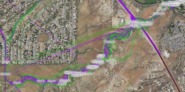 Searchers relentlessly scoured the area near Cottonwood and the Verde River to locate 16-year-old Faith Moore. Each green and purple line is a searcher outfitted with a GPS device, the sheriff's office said.