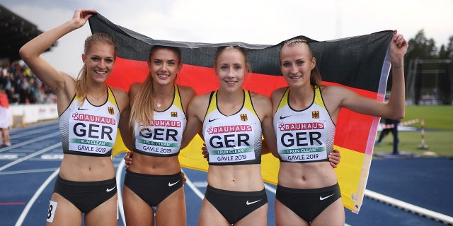 Nelly Schmidt, Corinna Schwab, Alica Schmidt and Luna Bulmah of Germany celebrate after the Women´s 4x 400m final during day four of the European Athletics U23 Championships 2019 at the Gavlestadion on July 14, 2019 in Gavle, Sweden. (Photo by Oliver Hardt/Getty Images for European Athletics)