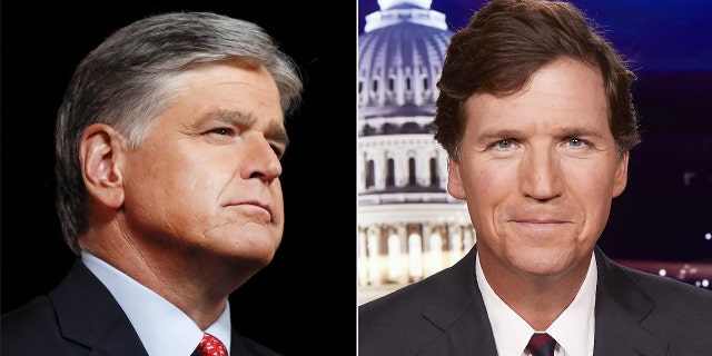 Sean Hannity and Tucker Carlson helped Fox News’ primetime lineup dominate October. (Drago/Bloomberg via Getty Images