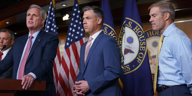 House Minority Leader Kevin McCarthy, R-Calif., left, is joined by his picks for the Jan. 6 Select Committee after House Speaker Nancy Pelosi rejected two Republicans, Rep. Jim Banks, R-Ind., center, and Rep. Jim Jordan, R-Ohio, right, for the committee investigating the Jan. 6 Capitol insurrection, at the Capitol in Washington on Wednesday. (AP Photo/J. Scott Applewhite)